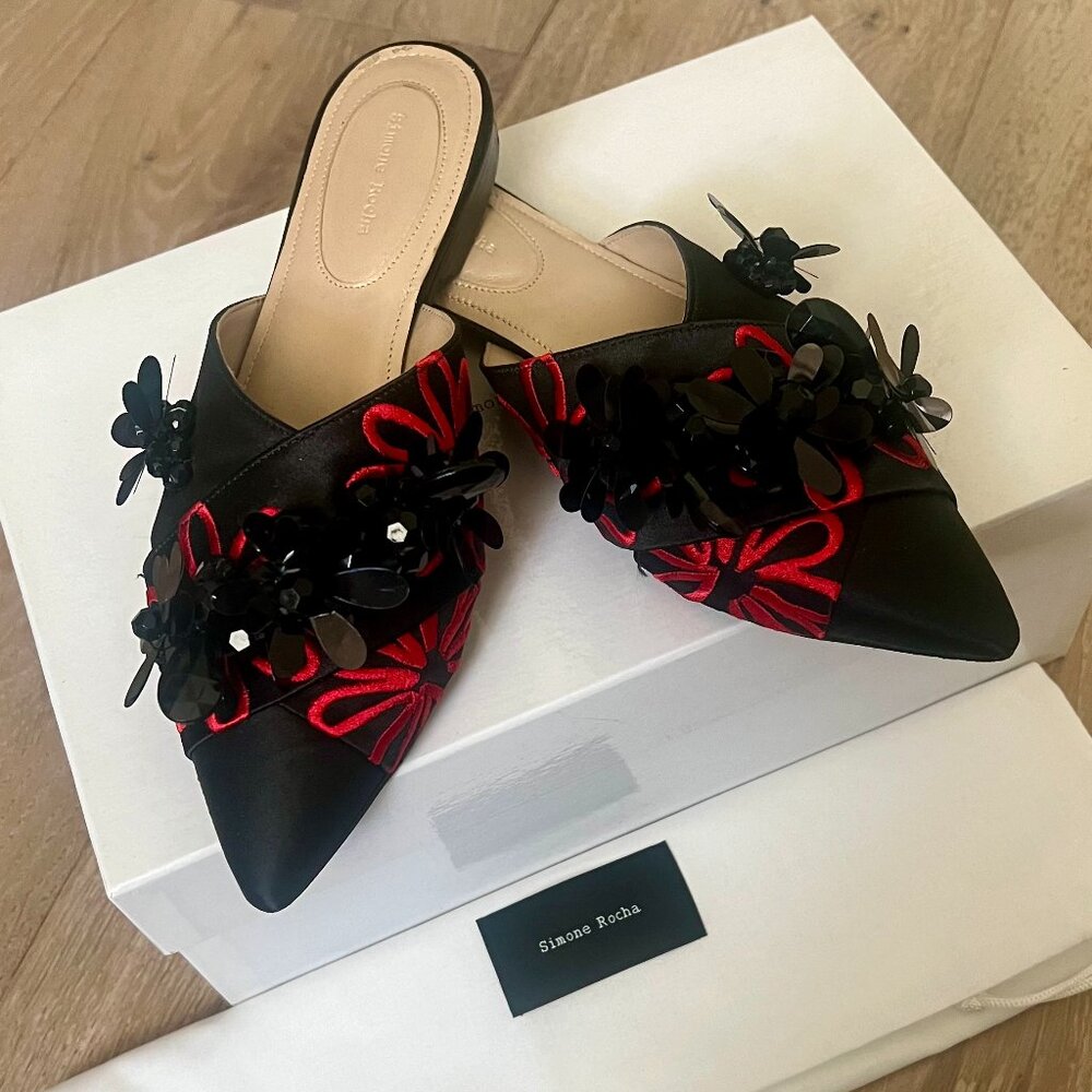 Simone Rocha Embroidered Satin Beaded Flat Mules